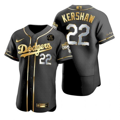 Men's Los Angeles Dodgers #22 Clayton Kershaw Black Golden MLB 2020 World Series Champions Sttiched Jersey